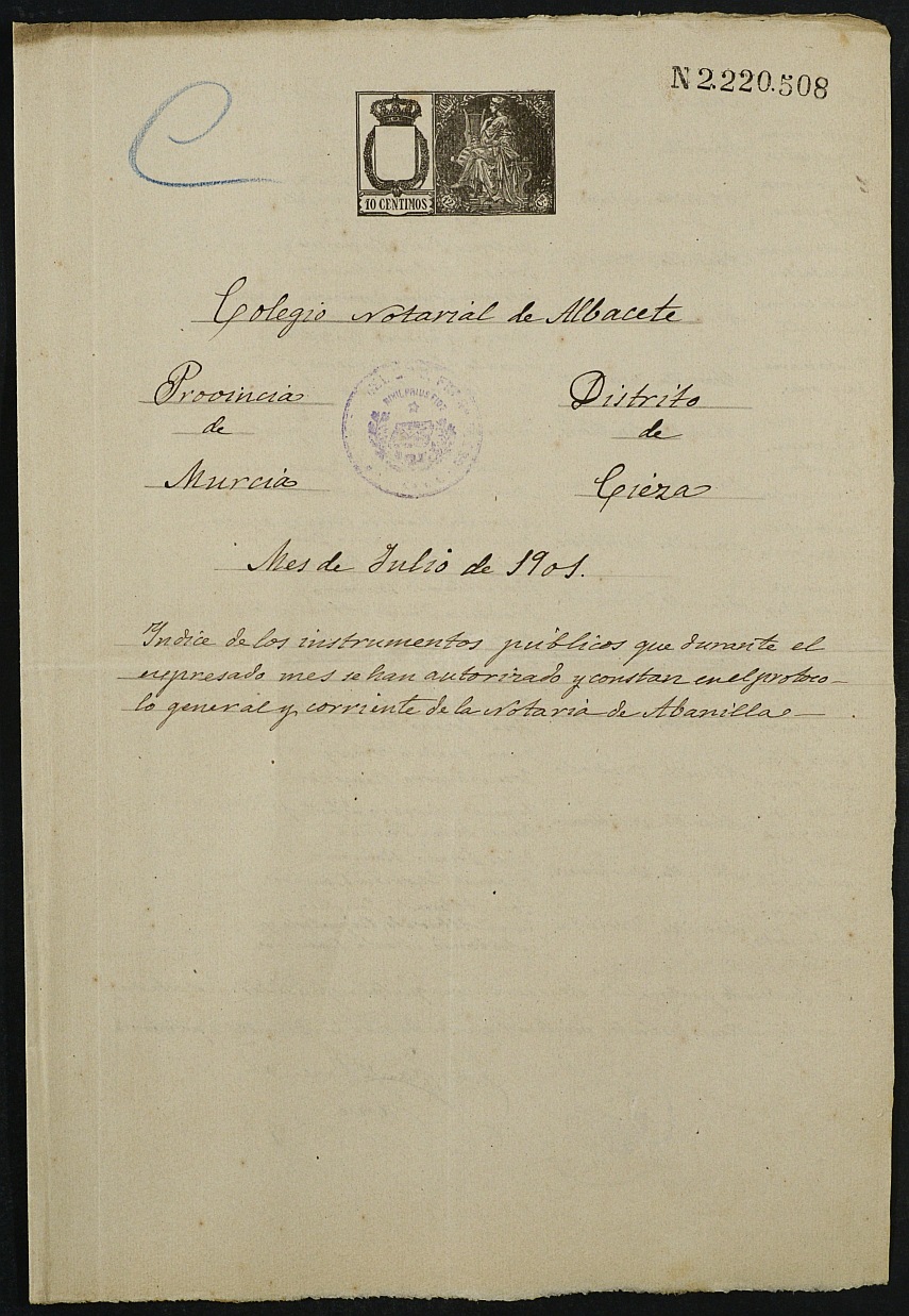 Índices del notario de Abanilla Francisco Bueno García del año 1901.