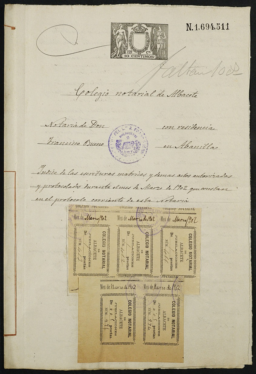 Índices del notario de Abanilla Francisco Bueno García del año 1902.