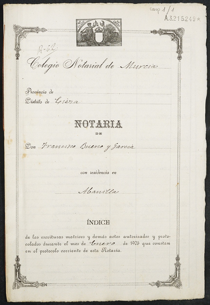 NOT,14259/1 Índices del de Abanilla Francisco del año 1905. Archivo General de la Región de Murcia.