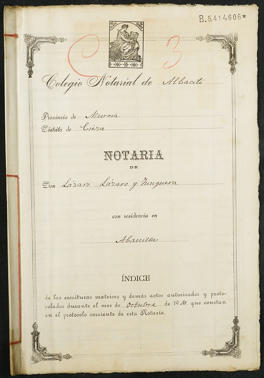Índices de notario de Abanilla Lázaro Lázaro Junquer del año 1910.