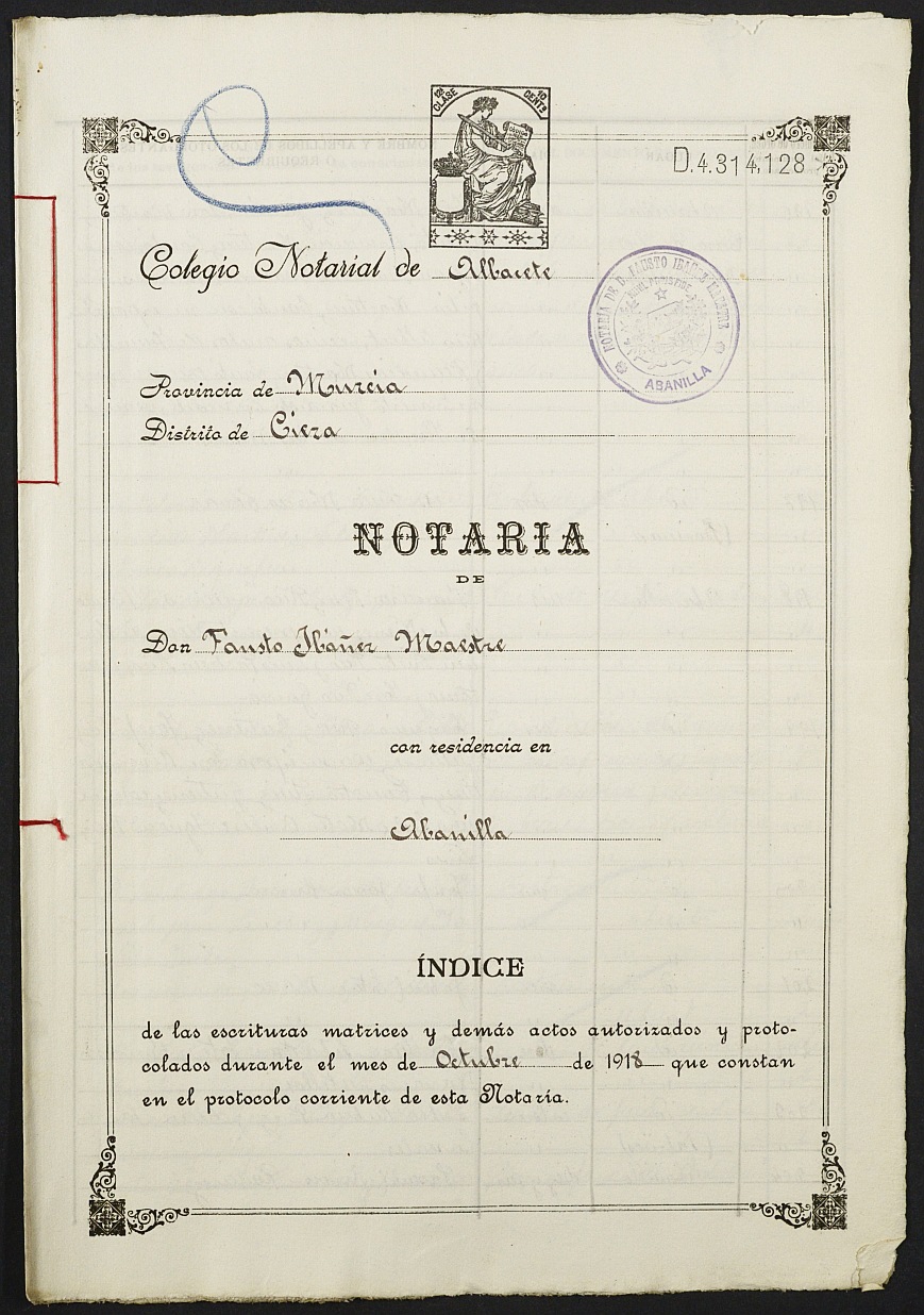 Índices de notario de Abanilla Fausto Ibáñez Maestre del año 1918.