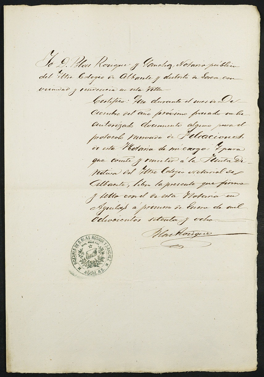 Índices del notario de Águilas Blas Rosique Sánchez del año 1877.