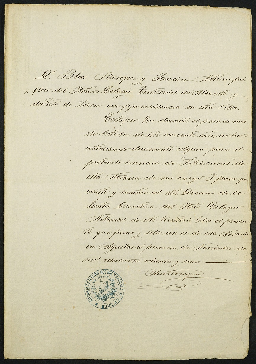 Índices del notario de Águilas Blas Rosique Sánchez del año 1881.