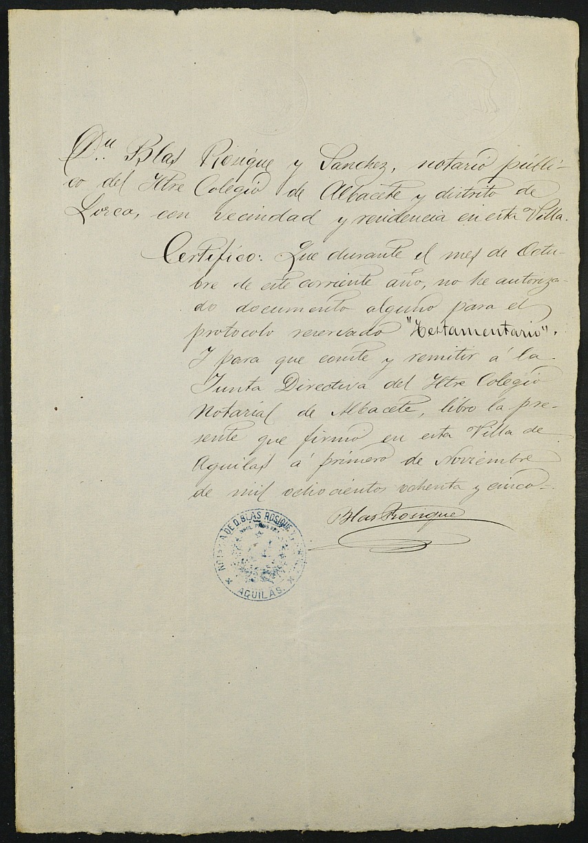 Índices del notario de Águilas Blas Rosique Sánchez del año 1885.