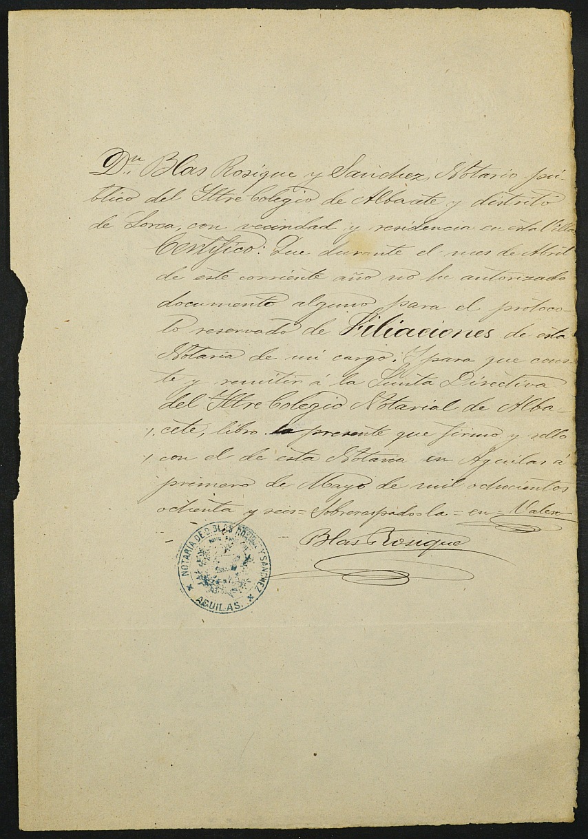 Índices del notario de Águilas Blas Rosique Sánchez del año 1886.