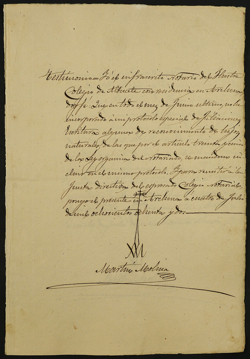 Índices del notario de Archena Martin Molina Valero del año 1882.