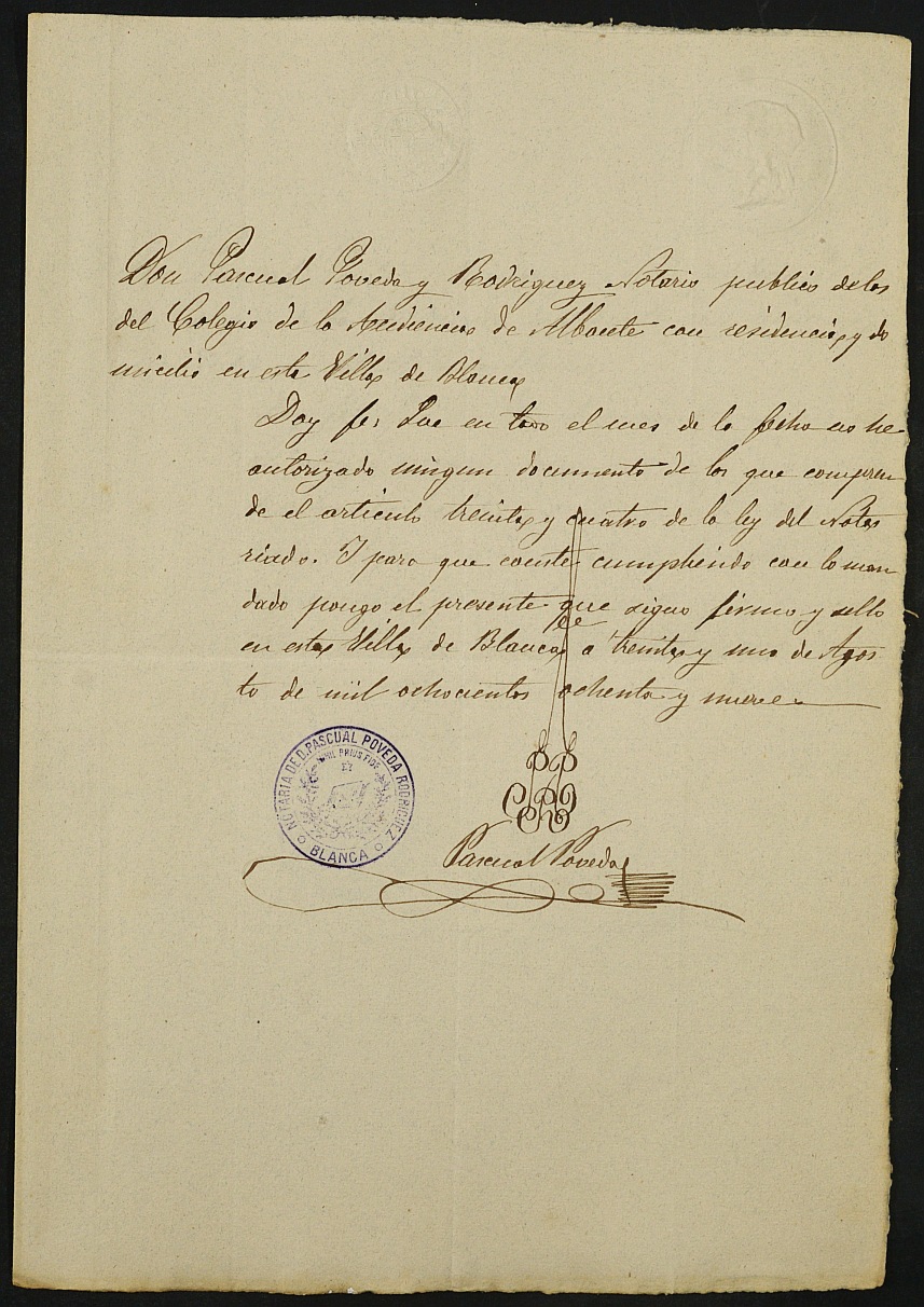 Índices del notario de Blanca Pascual Póveda Rodríguez del año 1889.