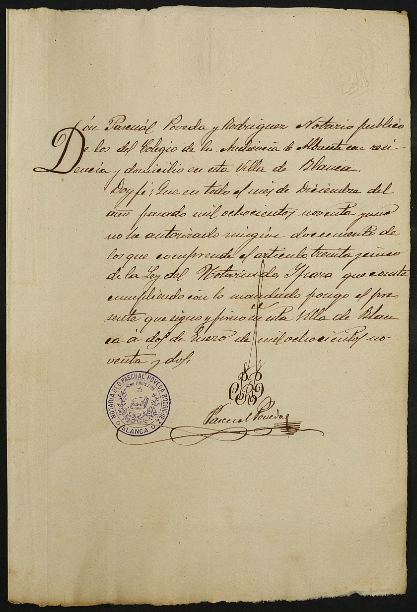 Índices del notario de Blanca Pascual Póveda Rodríguez del año 1891.