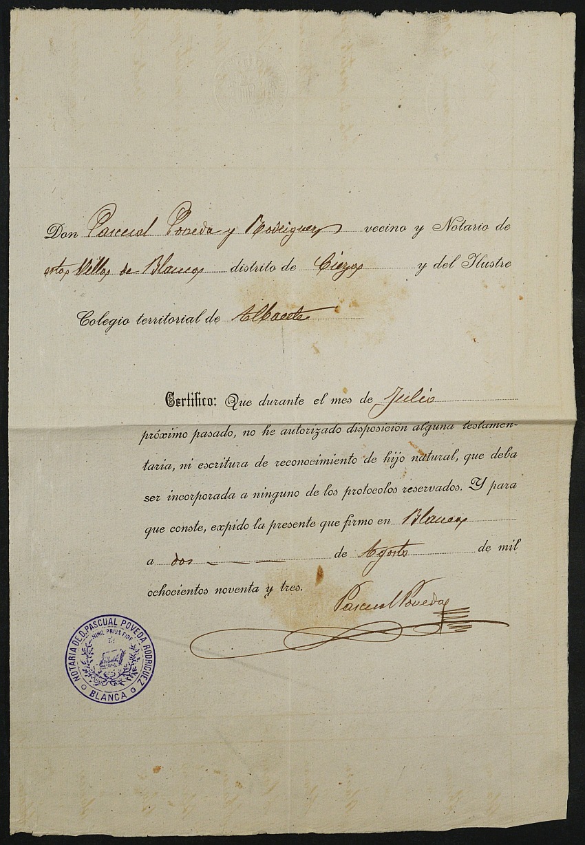 Índices del notario de Blanca Pascual Póveda Rodríguez del año 1893.