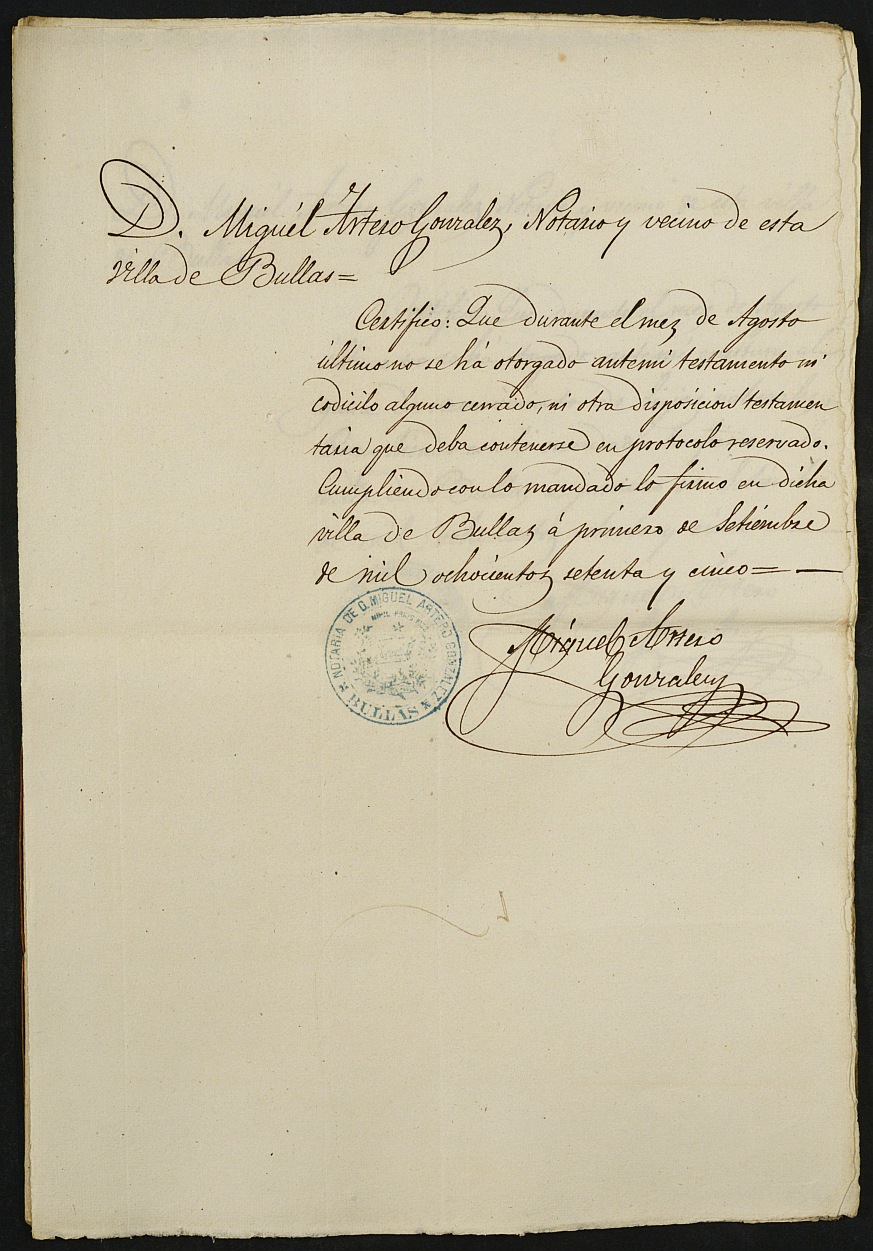 Índices de notarios de Bullas. Año 1875: Miguel Artero González.