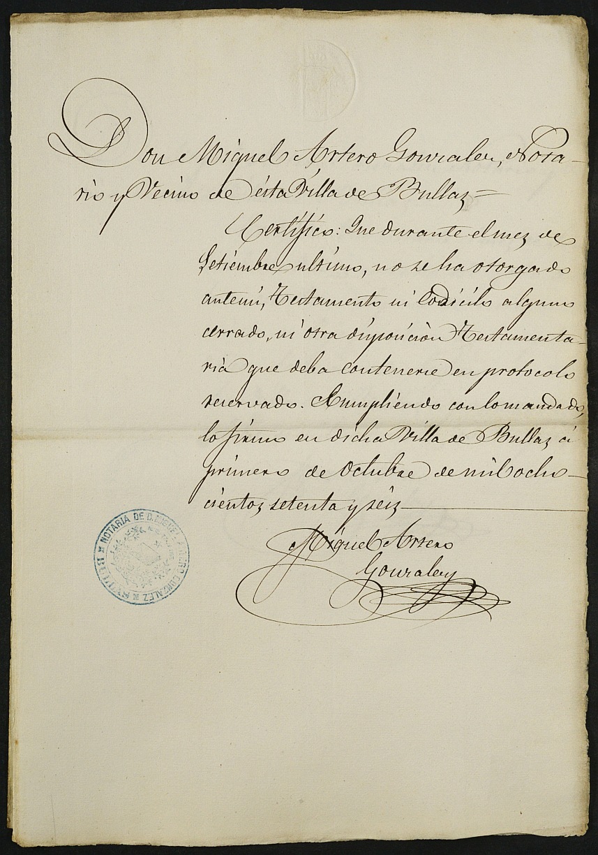 Índices de notarios de Bullas. Año 1876: Miguel Artero González.