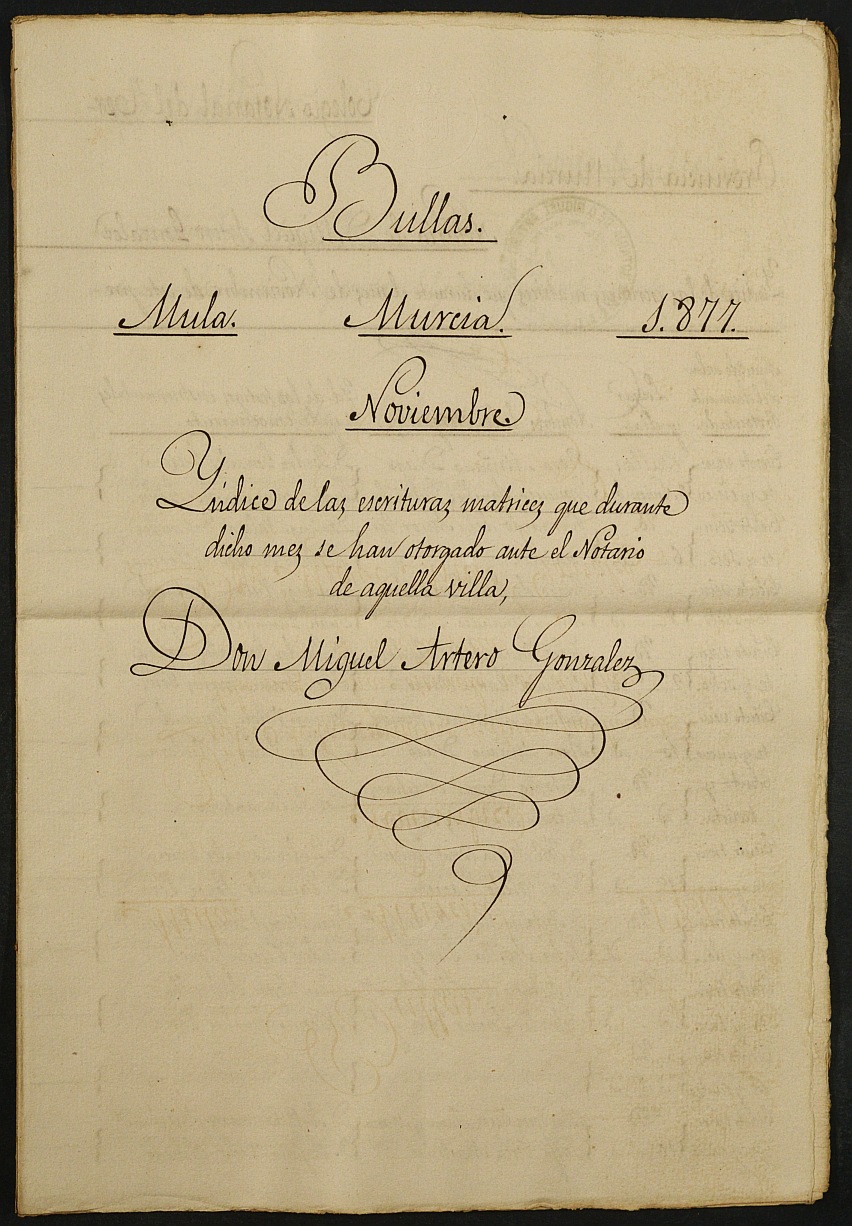 Índices de notarios de Bullas. Año 1877: Miguel Artero González.
