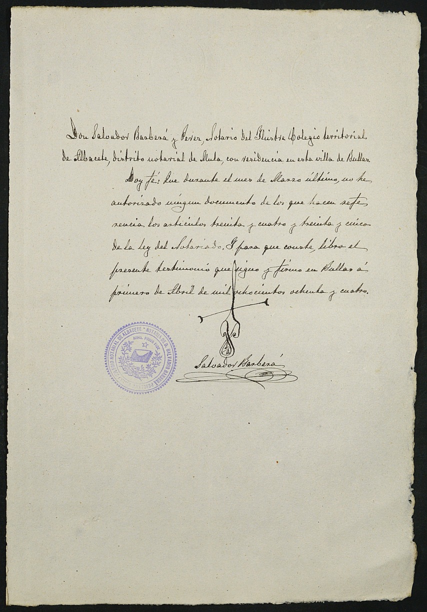 Índices de notarios de Bullas. Año 1884, enero-junio: Salvador Barberá Pérez.