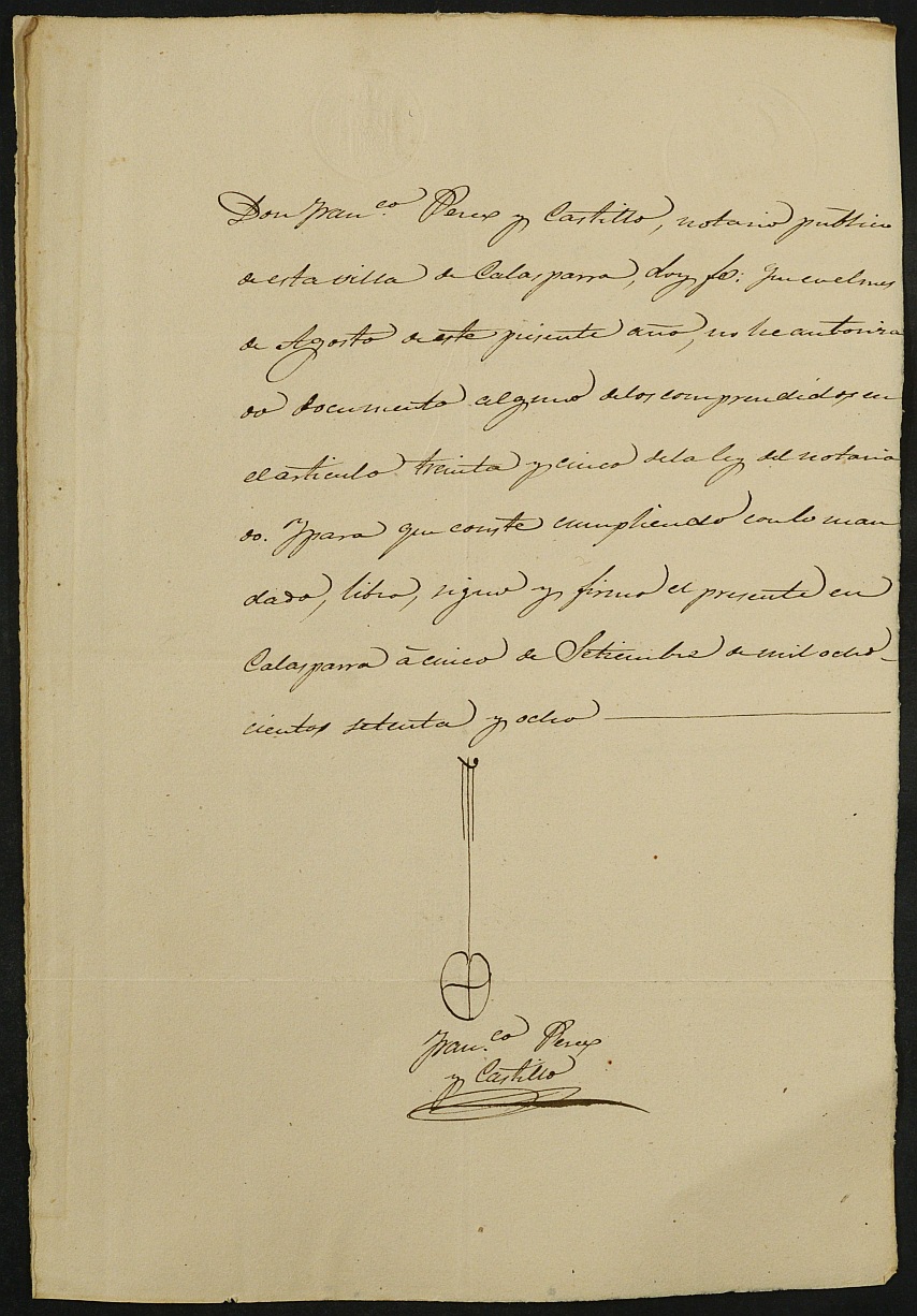Índices del notario de Calasparra Francisco Pérez Castillo del año 1878.