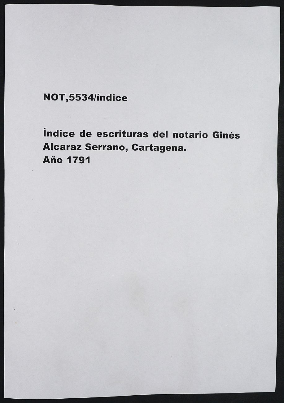 Registro de Ginés Alcaraz Serrano, Cartagena. Año 1791.
