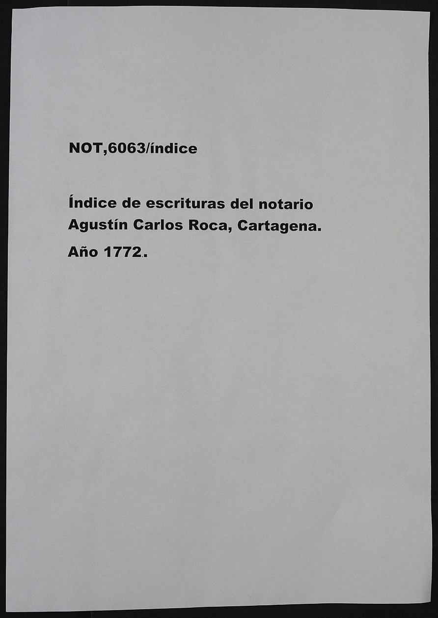 Registro de Agustín Carlos Roca, Cartagena. Año 1772.