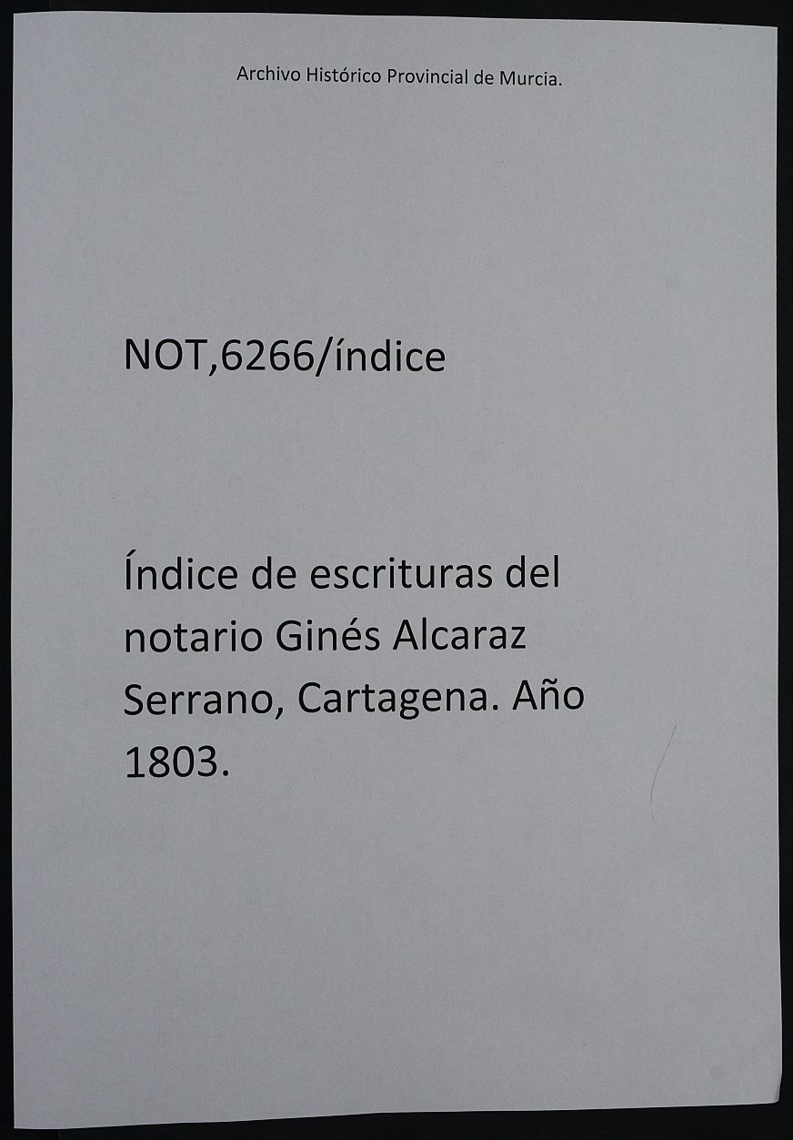 Registro de José Antonio Alcaraz, Cartagena. Año 1803.