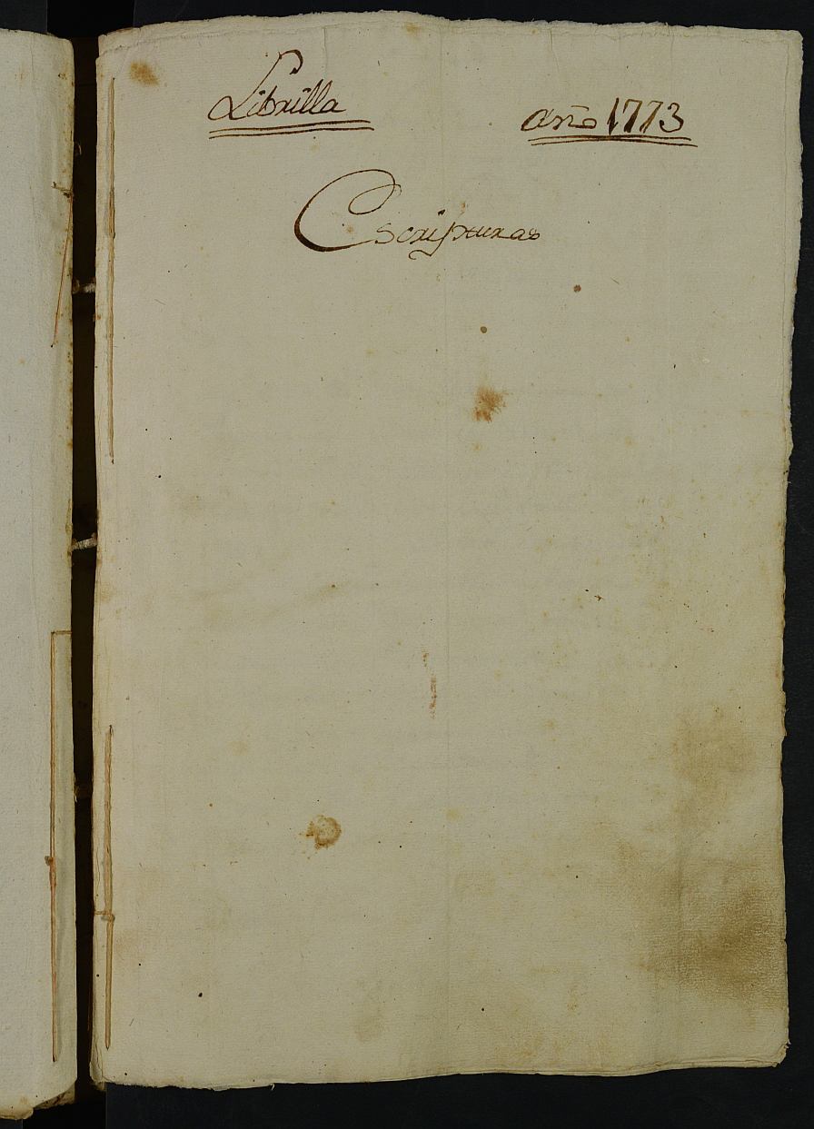 Índice de escrituras del notario de Librilla Matías Martínez Luján del año 1773.