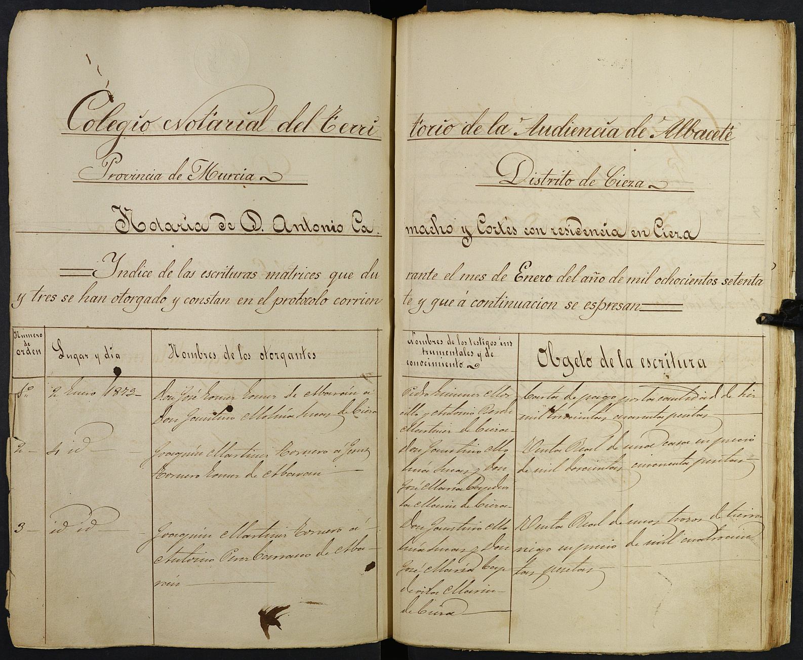Registro de Antonio Camacho Cortés, Cieza de 1873.
