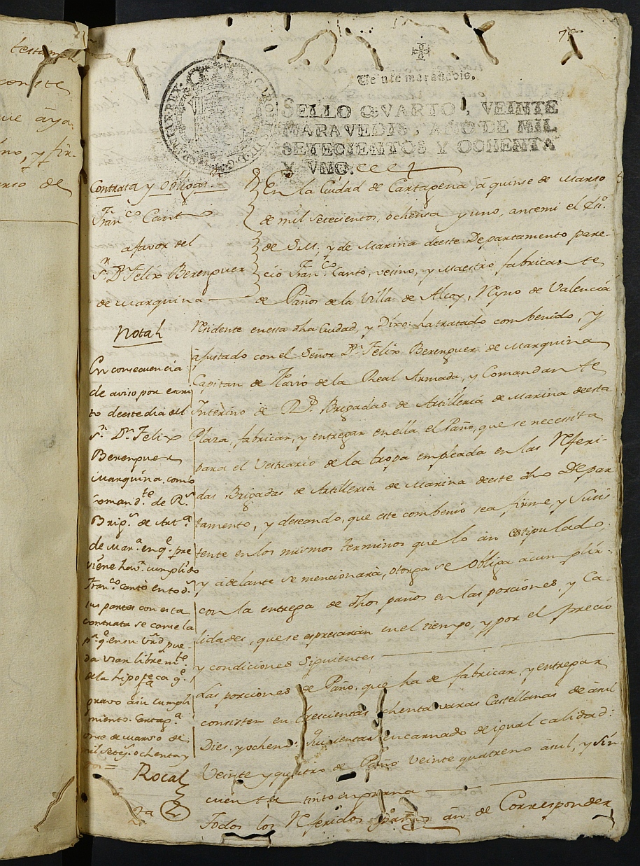 Registro de Agustín Carlos Roca, Cartagena. Año 1781.