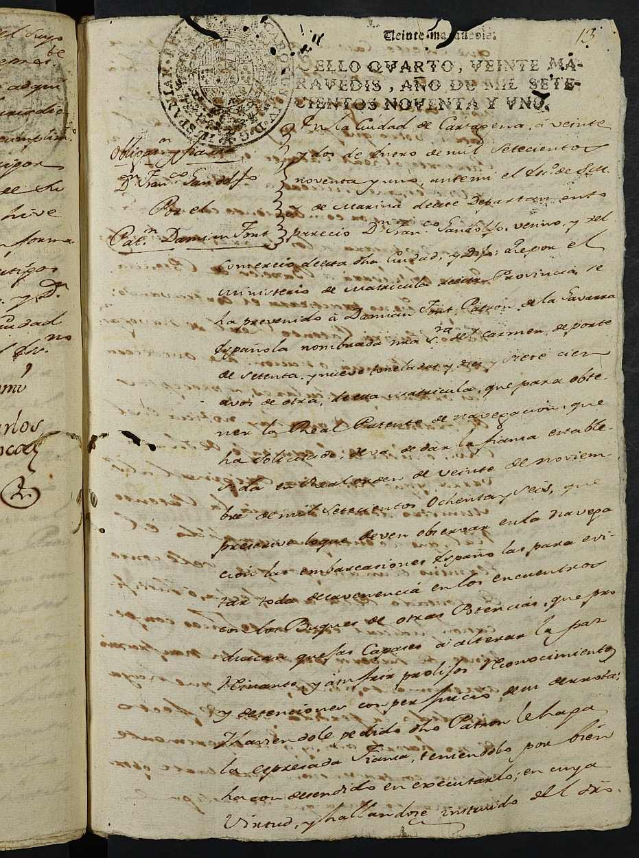 Registro de Agustín Carlos Roca, Cartagena: Escribano de Marina. Año 1791.