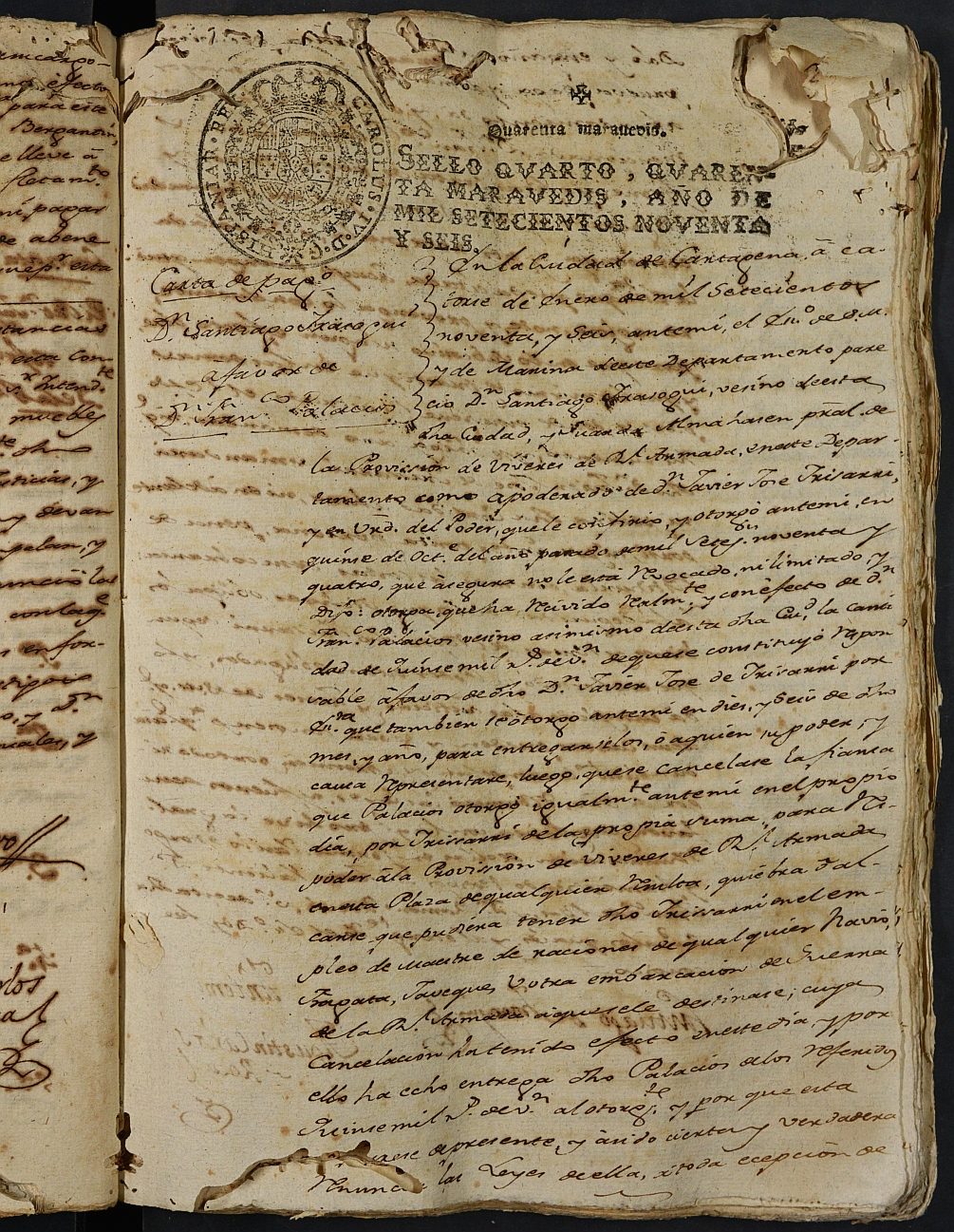 Registro de Agustín Carlos Roca, Cartagena: Escribano de Marina. Año 1796.