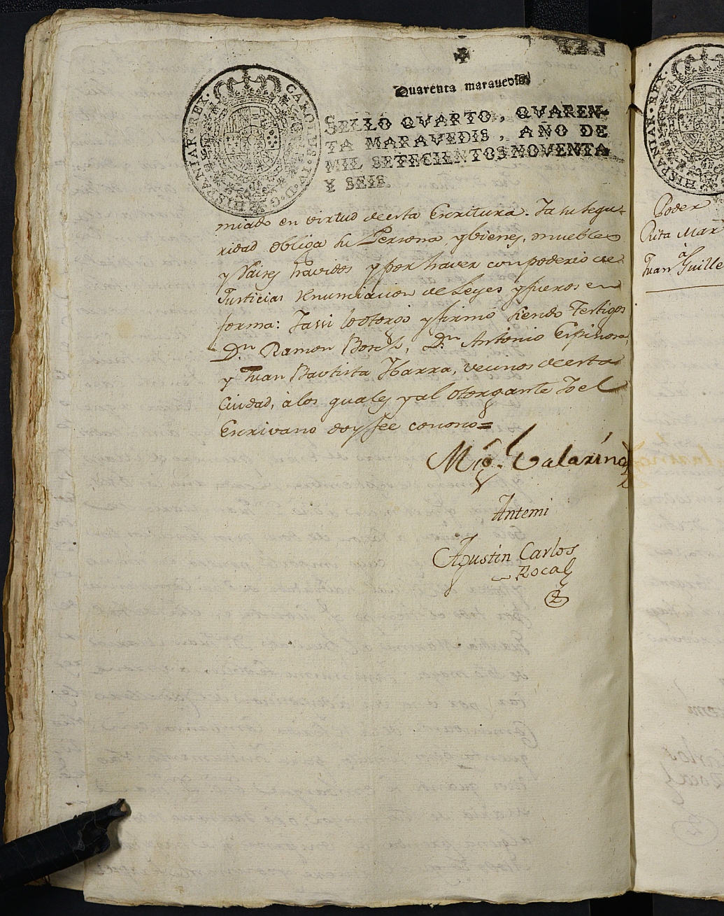 Registro de Agustín Carlos Roca, Cartagena: Escribano de Marina. Año 1796.