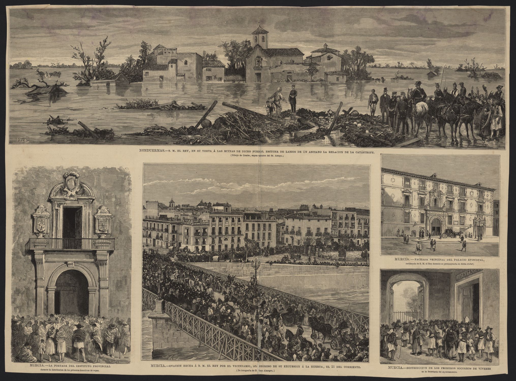 Grabados sobre la visita de Alfonso XII a las zonas afectadas por las inundaciones de 1879.  