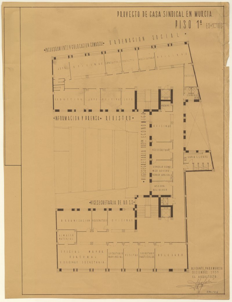 Plano de la Casa Sindical de Murcia, sita en la Calle Santa Teresa. Piso 1.