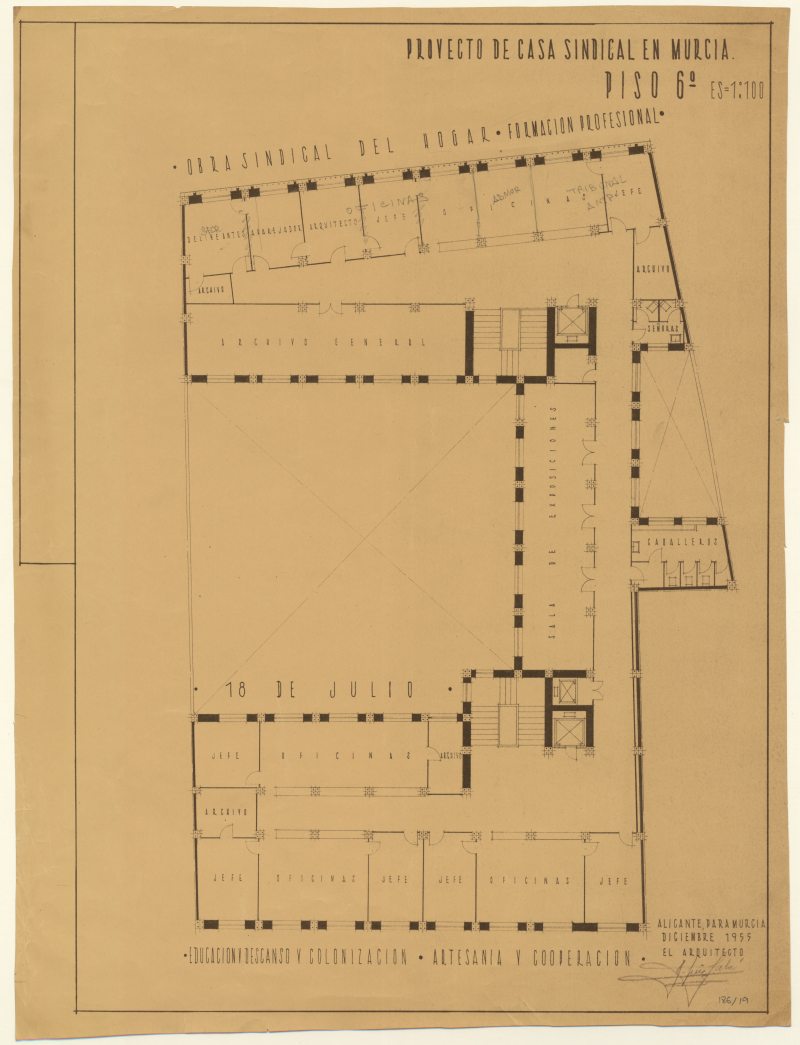 Plano de la Casa Sindical de Murcia, sita en la Calle Santa Teresa. Piso 6.