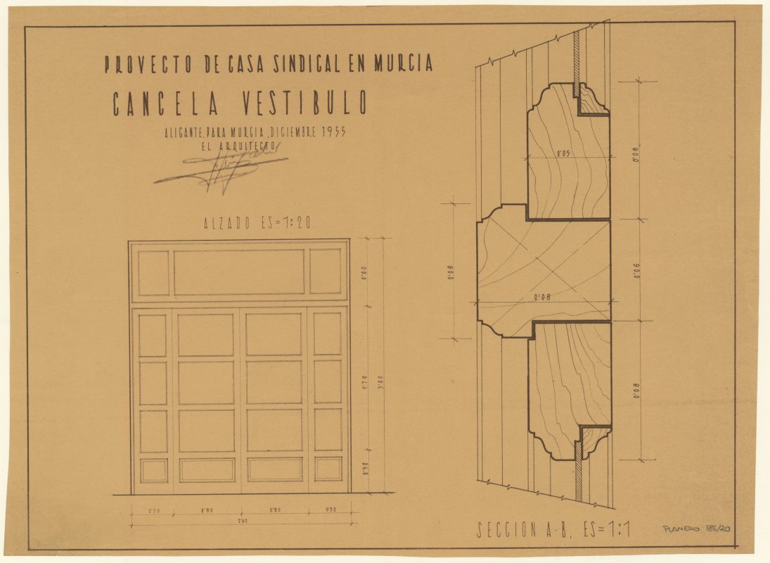Plano de la Casa Sindical de Murcia, sita en la Calle Santa Teresa. Cancela vestíbulo.