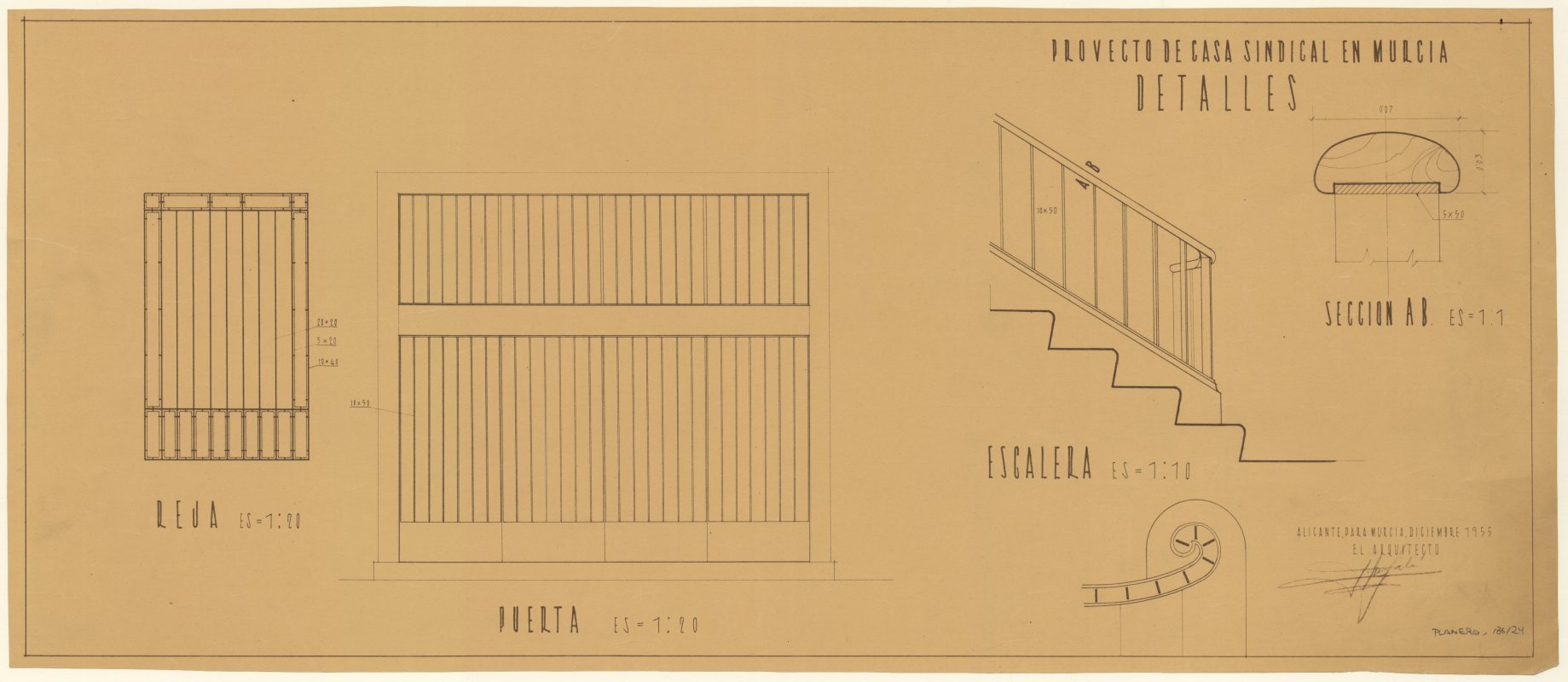 Plano de la Casa Sindical de Murcia, sita en la Calle Santa Teresa. Detalles escalera.