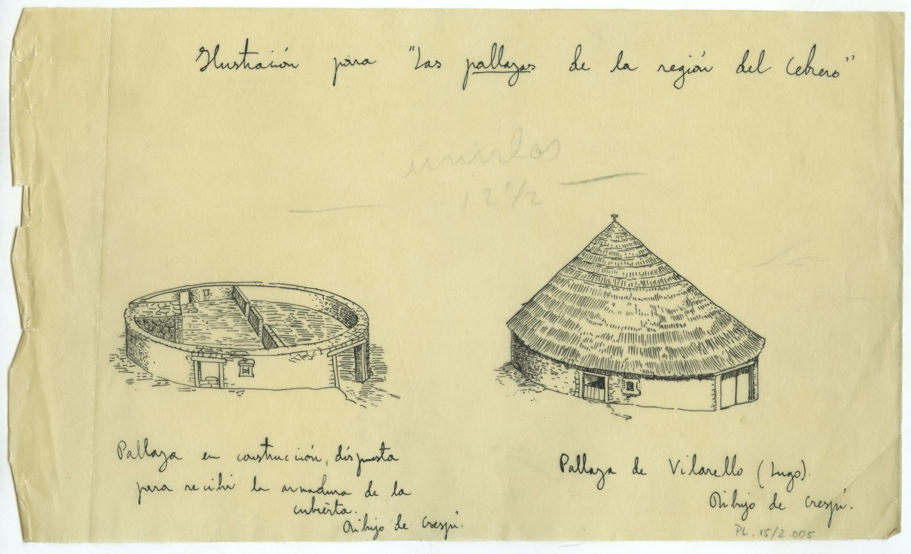 Dibujo de una palloza de Vilarello en dos momentos de su construcción, copiado de originales de Luis Crespí