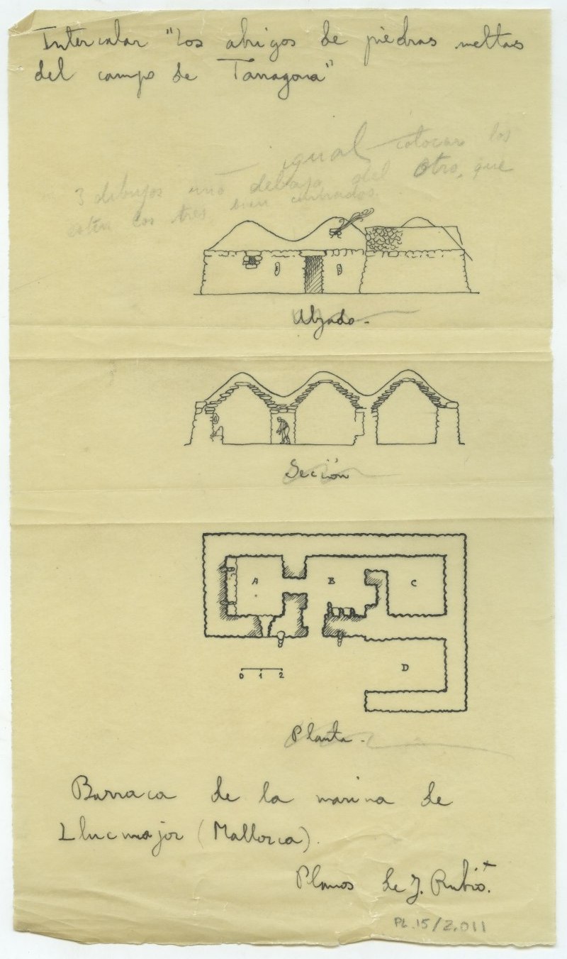 Dibujo de alzado, sección y planta de una barraca de la marina de Lluchmayor, de J. Rubio