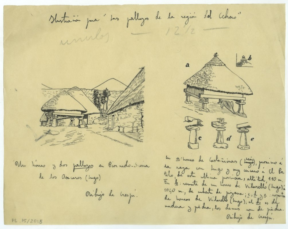 Dibujos de hórreos y pallazas de Lugo y León, copiados de un original de Luis Crespí