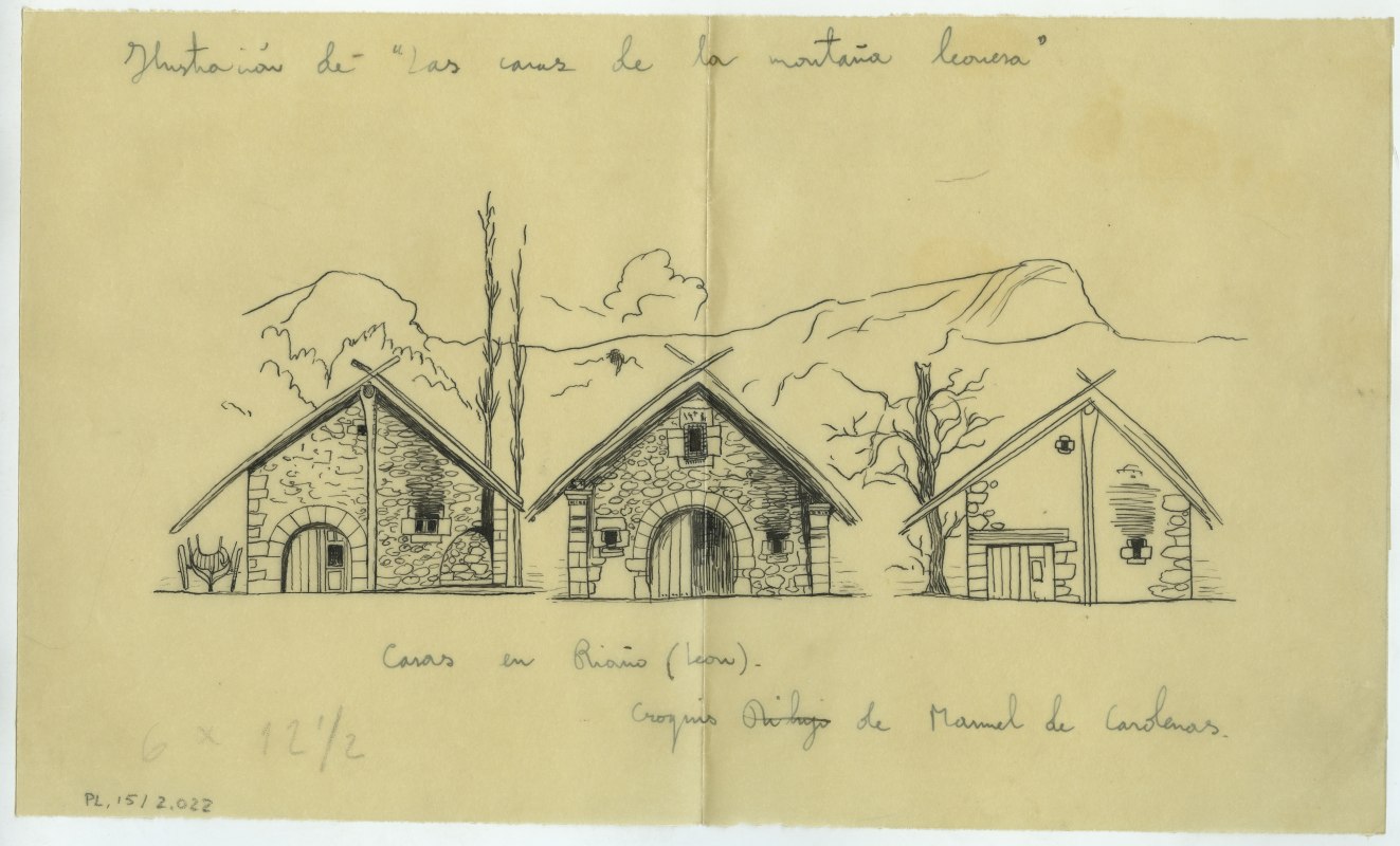 Dibujo de tres casas en Riaño, croquis de Manuel de Cárdenas