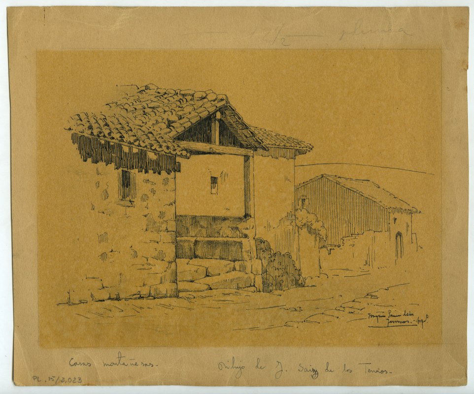 Perspectiva de unas casas montañesas, dibujo original de J. Sáinz de los Terreros