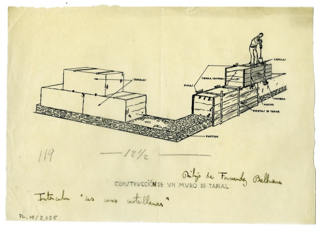 Dibujo del proceso de construcción de un muro de tapial, de Fernández Balbuena
