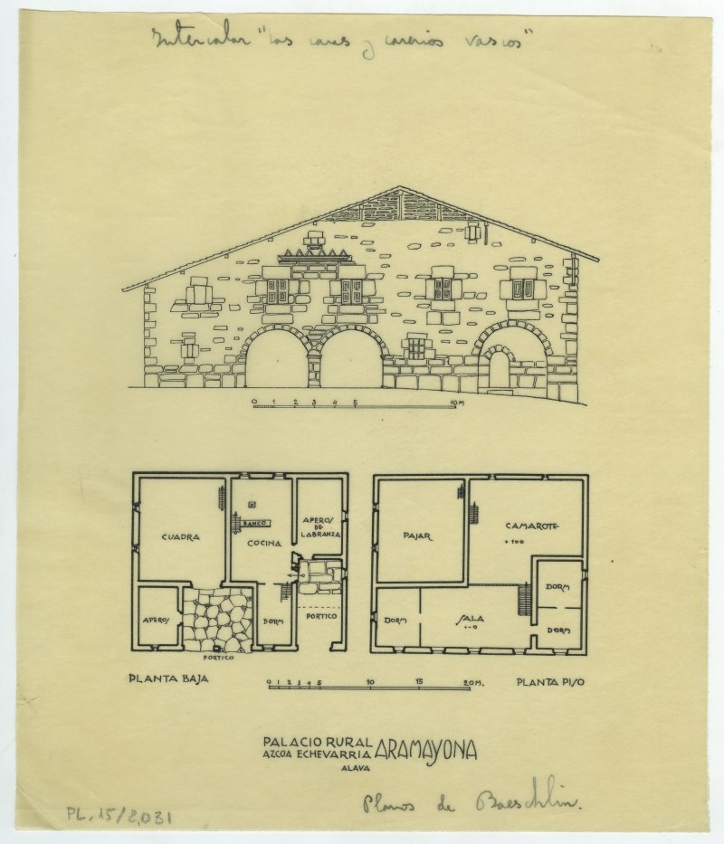 Dibujos del alzado y dos plantas del palacio rural Azcoa-Echevarría, en Aramayona, de Baeschlin