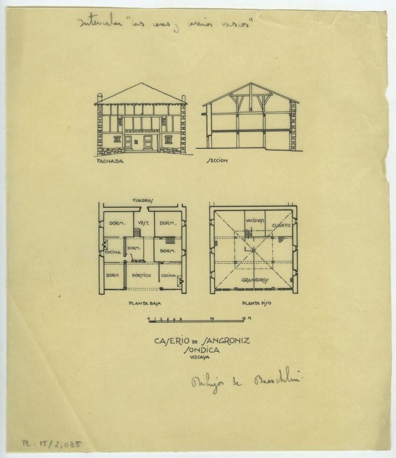 Dibujos de alzado, sección y plantas del caserío de Sangróniz, Sondica, de Baeschlin
