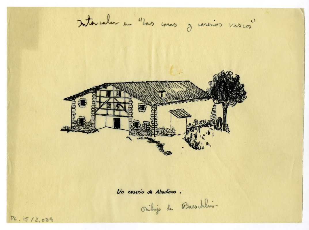 Dibujo de una perspectiva de un caserío de Abadiano, de Baeschlin