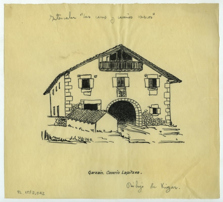 Dibujo de una perspectiva del caserío Lapitzea, en Garzain, de Yrízar