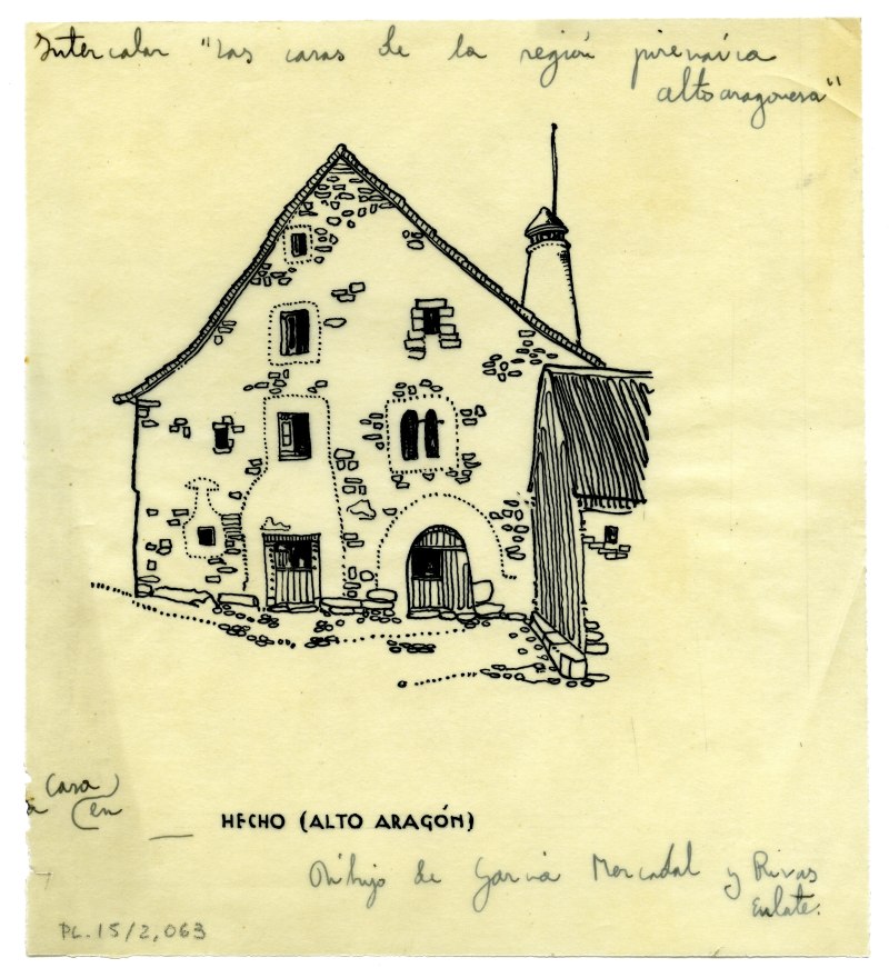 Dibujo de alzado de una casa en Hecho, Alto Aragón, de García Mercadal y Rivas Eulate