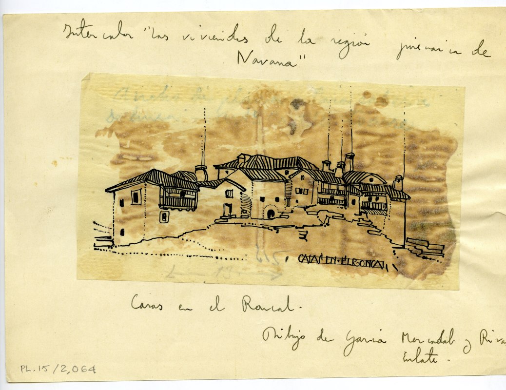 Dibujo de perspectiva de casas en El Roncal, de García Mercadal y Rivas Eulate
