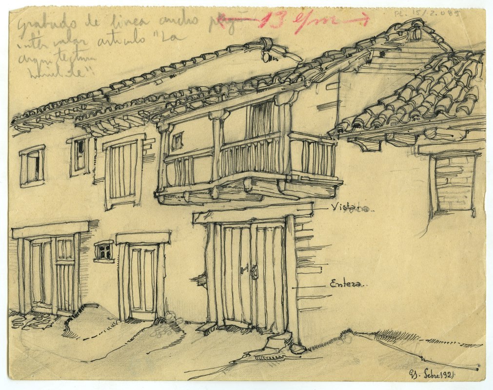Dibujo de una perspectiva de fachada de vivienda popular en Ardoncino, original de Fernández Balbuena