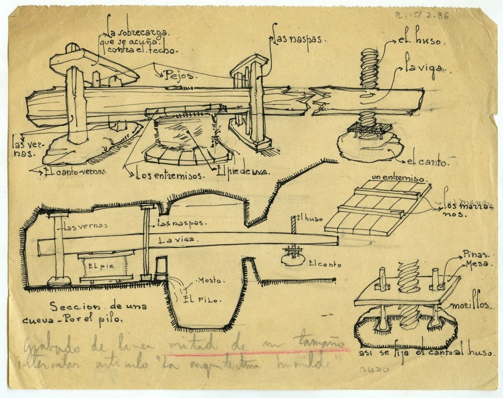 Dibujos de una prensa de uva y de un plano de sección de una cueva lagar en Ardoncino, original de Fernández Balbuena
