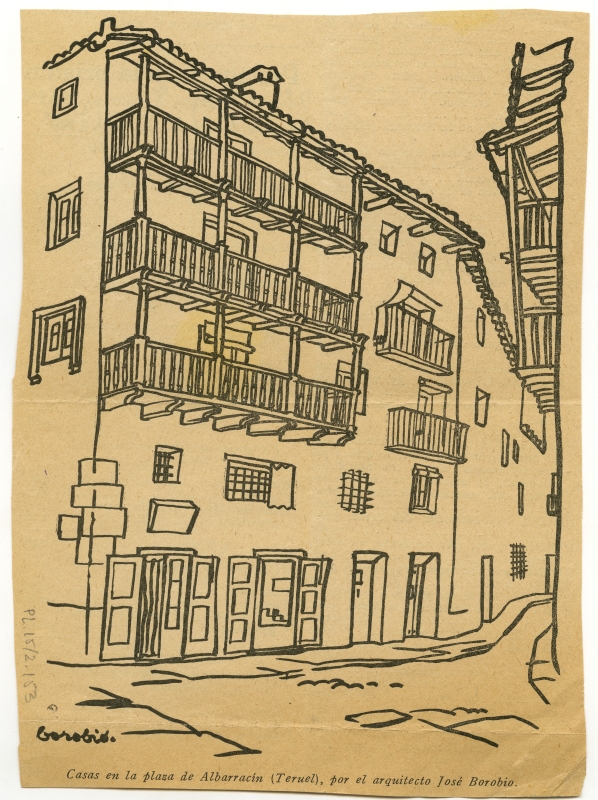 Reproducción del dibujo de unas casas en la plaza de Albarracín, de José Borobio