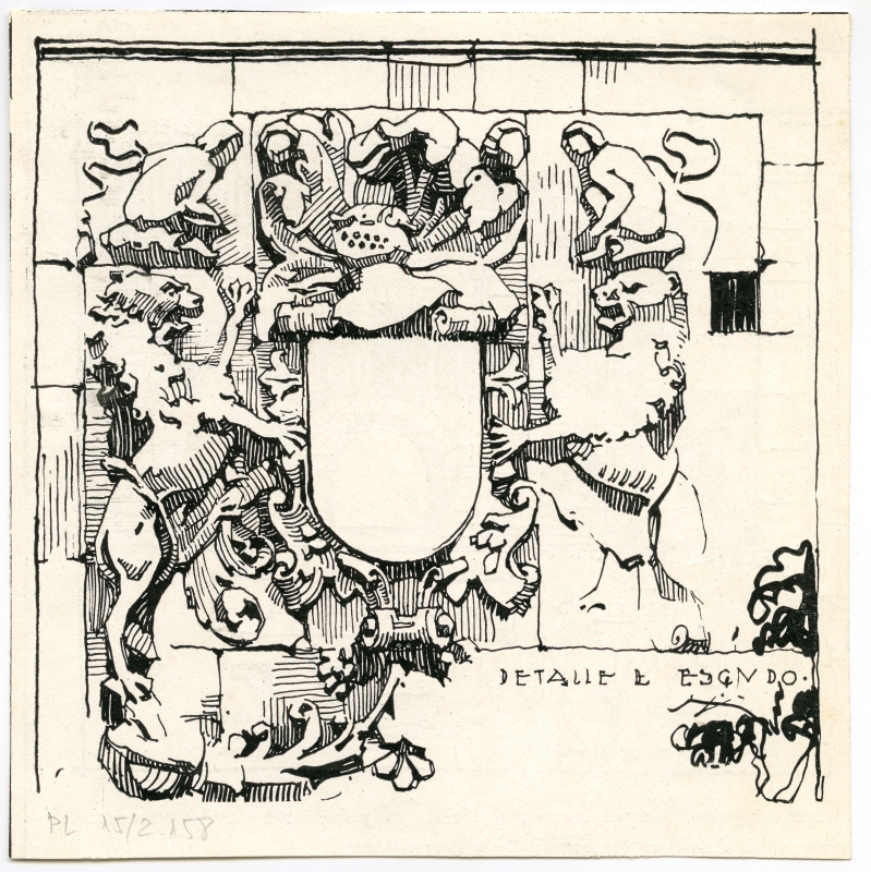 Reproducción del dibujo del detalle de un escudo en priedra, de Pedro Muguruza