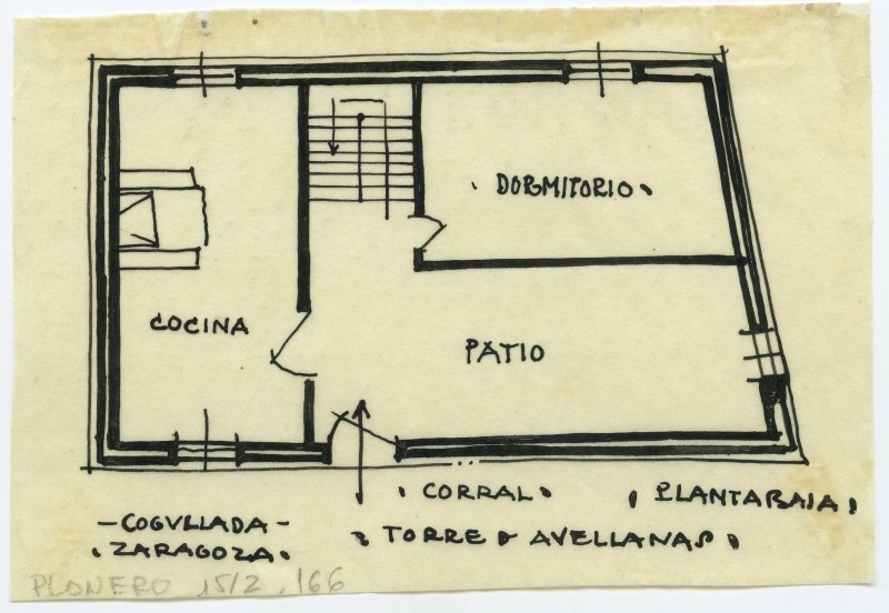 Dibujo de distribución de una vivienda en planta baja en la Torre de Avellanas, en Cogullada, Zaragoza