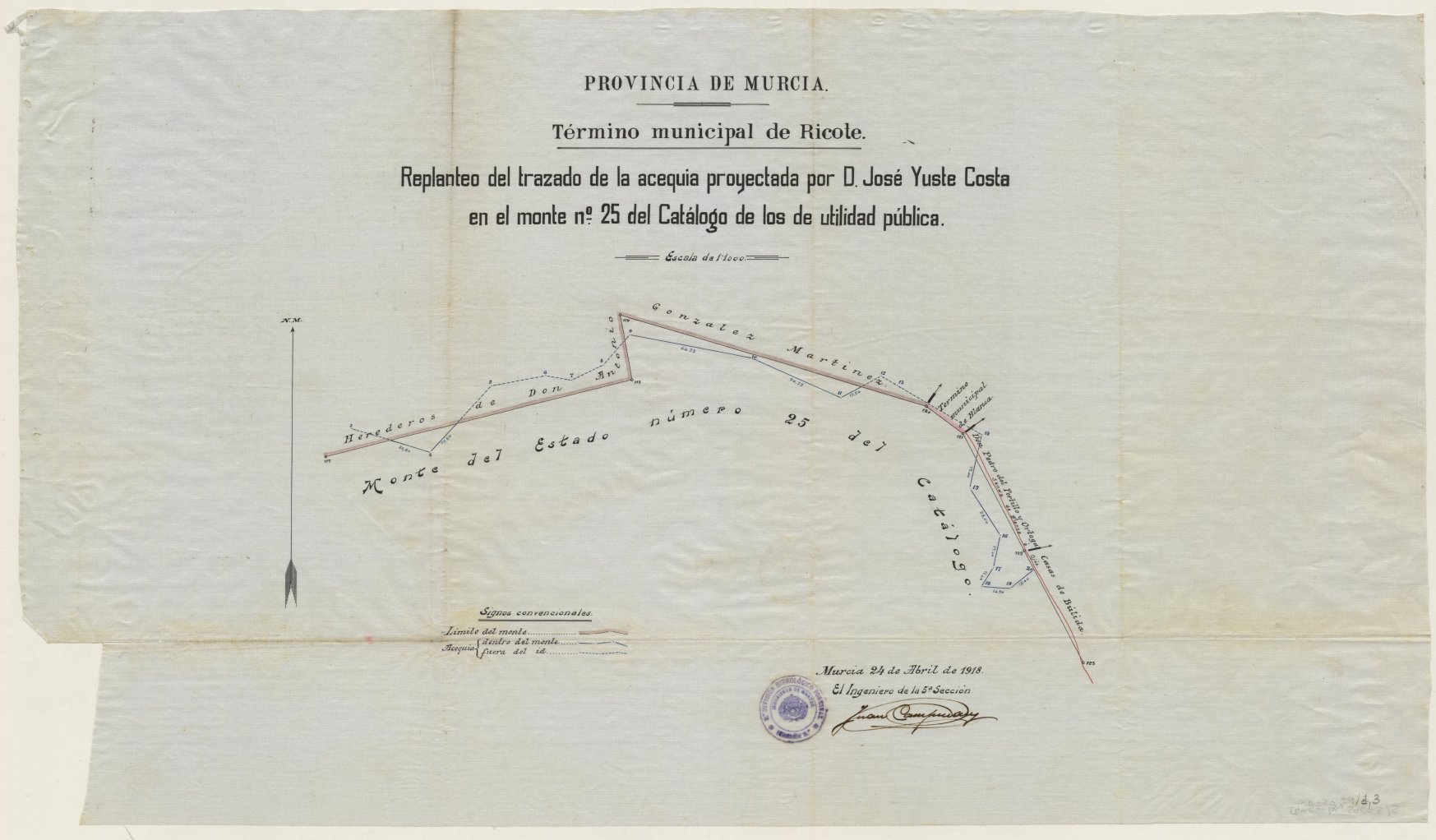 Plano del replanteo de la acequia proyectada por don José Yuste Costa en el monte nº 25 del Catálogo de los de utilidad pública. Término municipal de Ricote.